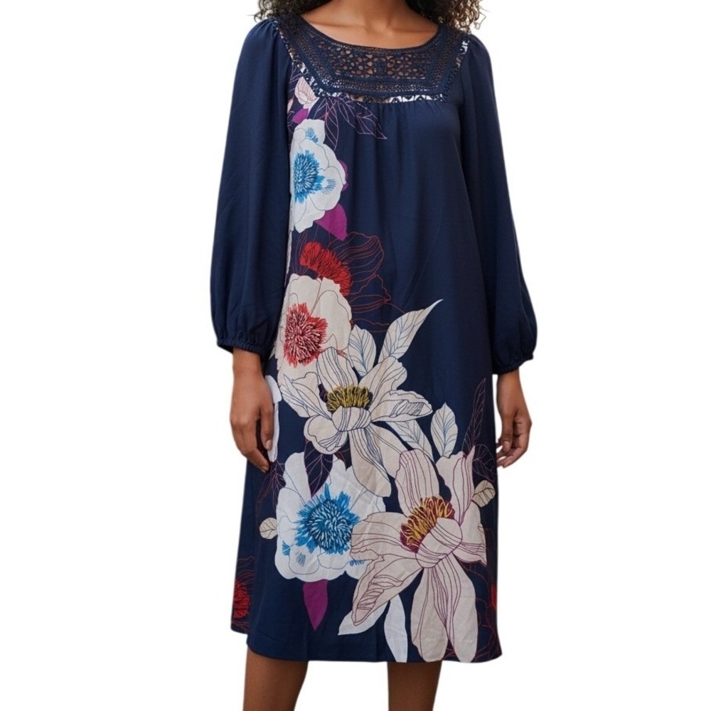 TRINA TURK Navy Floral Crochet Neckline Balloon Sleeve Shift Dress M